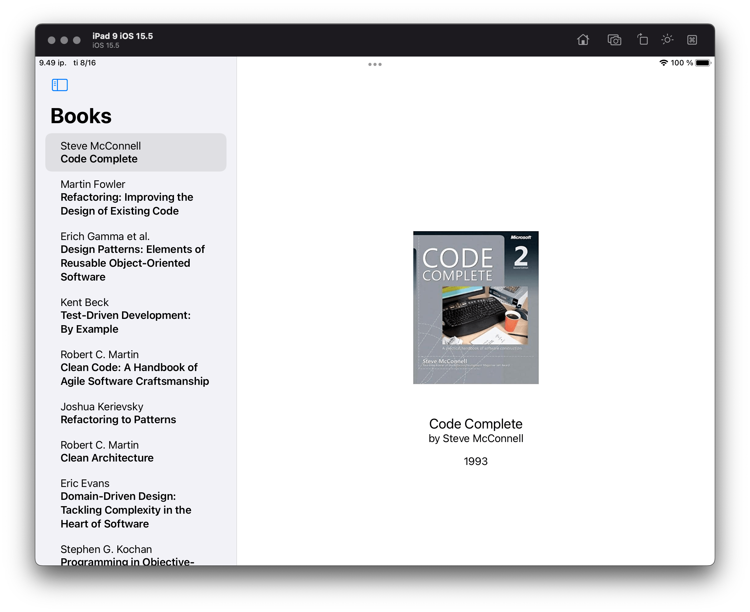 The book list with details on iPadOS