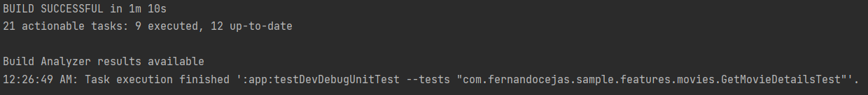 Log for the unit test run when testing GetMovieDetails class