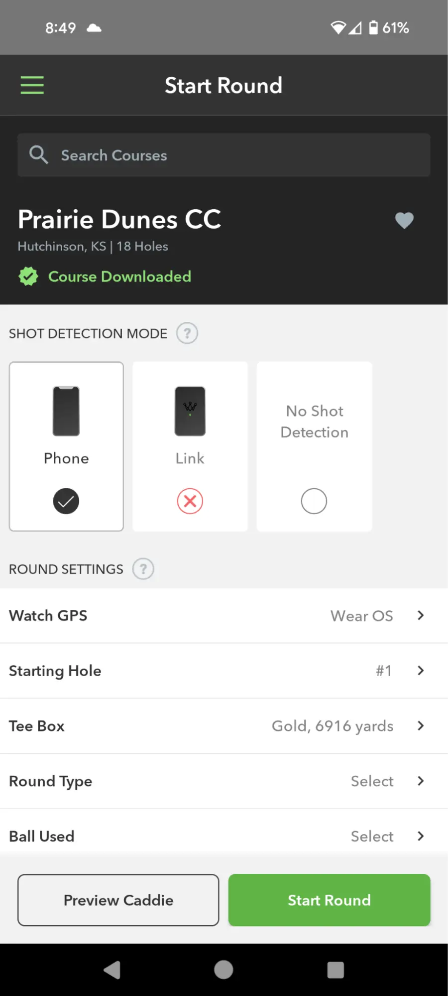 The Arccos app showing several shot detection modes available (Phone & Link)
